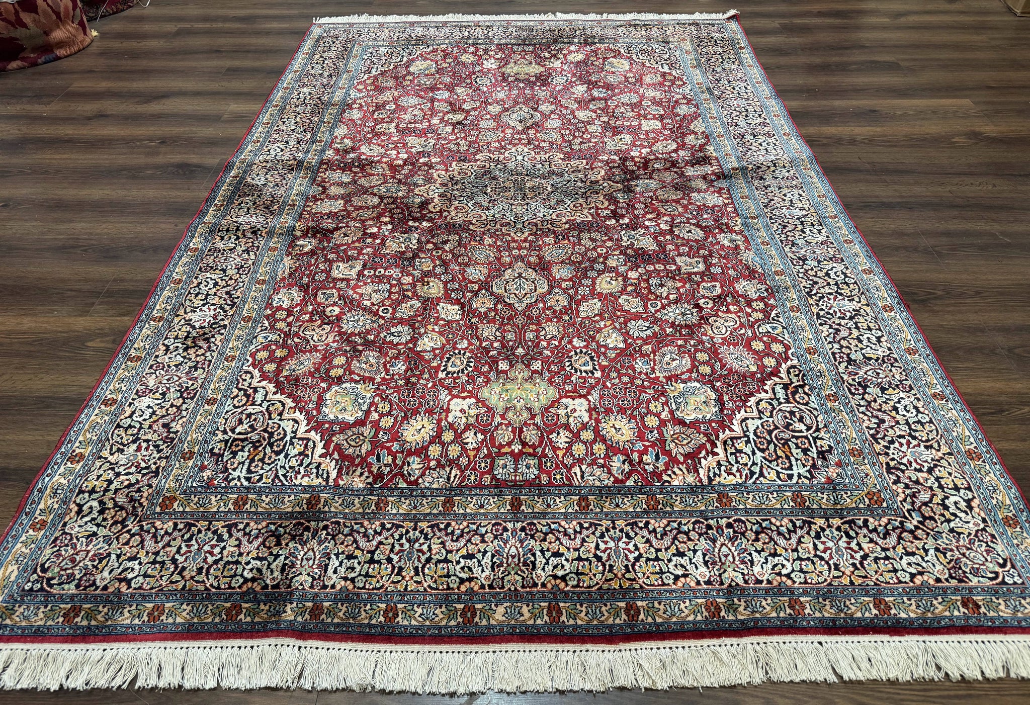 Indian Kashmiri Silk Rug 6x9, Red and Navy Blue, Floral Medallion, Fine 275 KPSI by Jewel Rugs