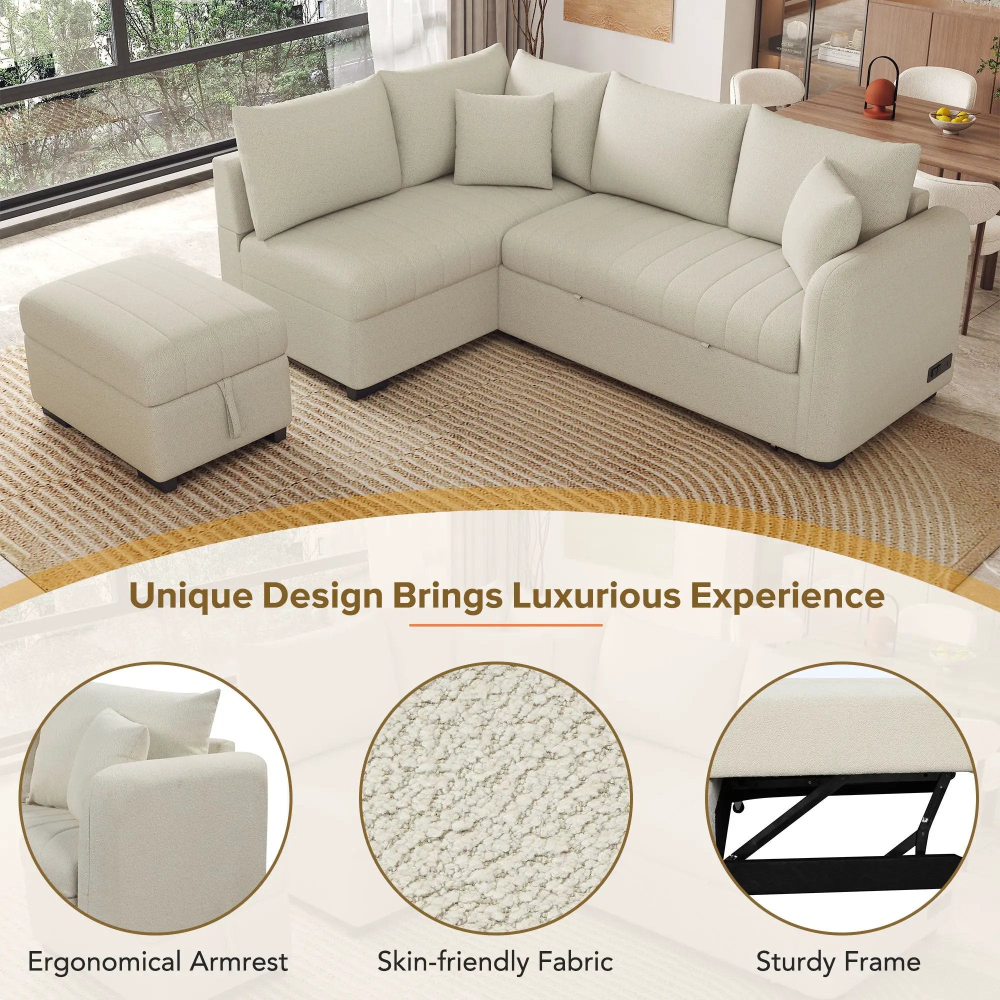 L-Shaped Sectional Pull Out Sofa Bed Sleeper Sofa With Two USB Ports, Two Power Sockets And A Movable Storage Ottoman by HouseOfZazla