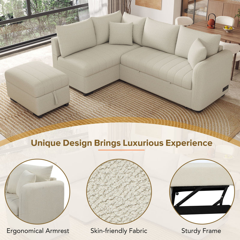 L-Shaped Sectional Pull Out Sofa Bed Sleeper Sofa With Two USB Ports, Two Power Sockets And A Movable Storage Ottoman by HouseOfZazla