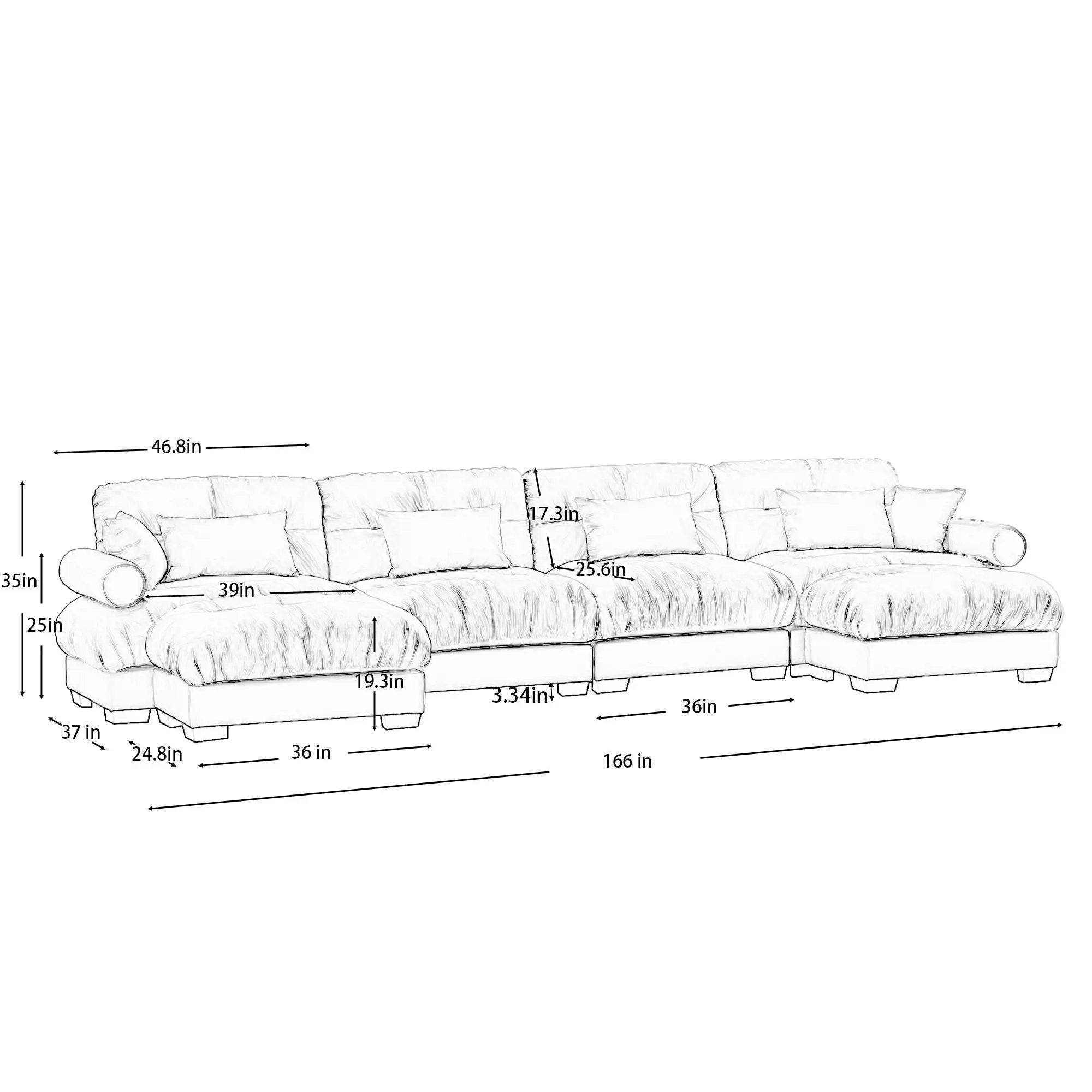 Modern Sectional Sofa With Ottoman, Round Bolster Armrests, Waist And Throw Pillows by Unique Piece Furniture