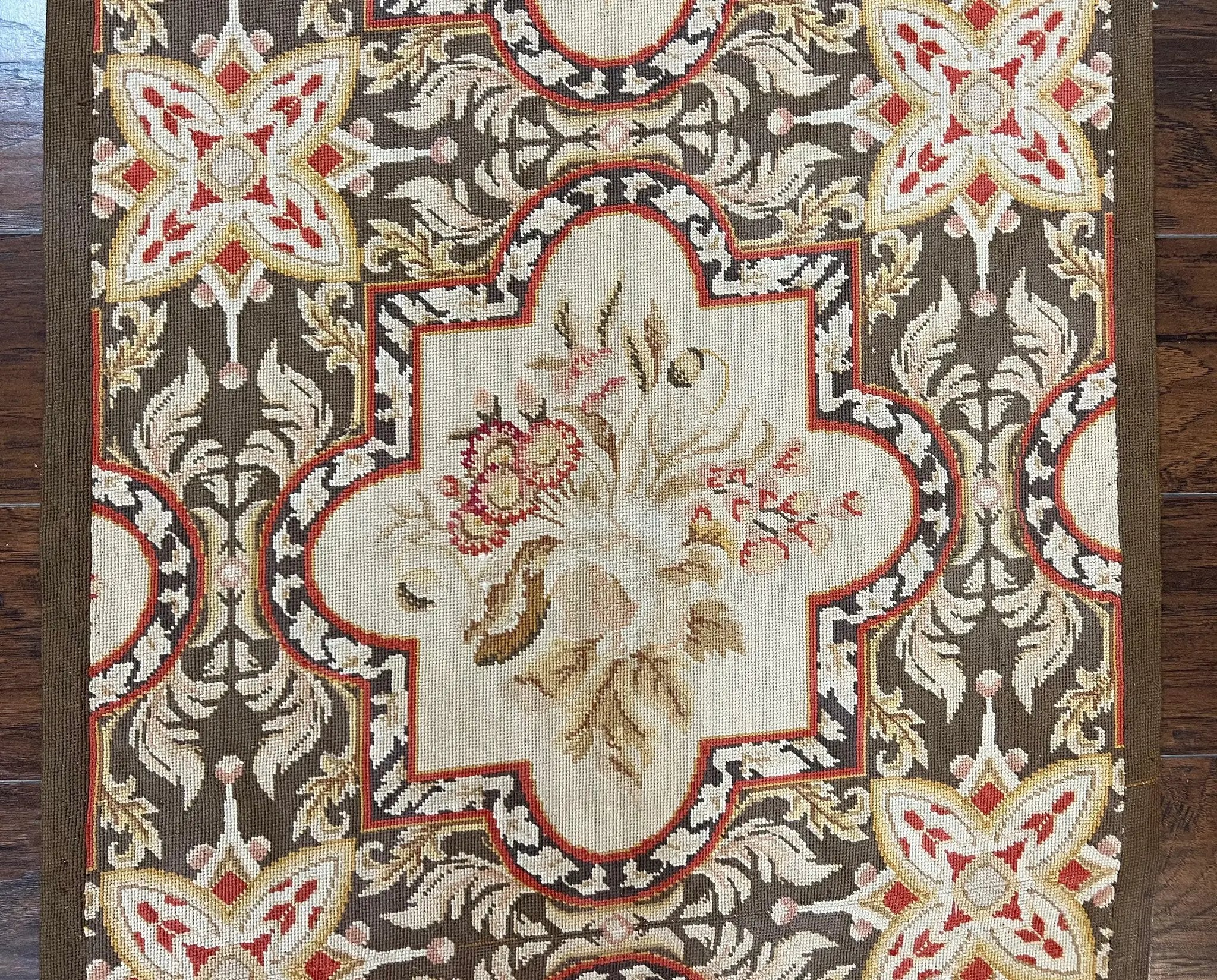 Needlepoint Runner Rug 2.8 x 9.8, Brown and Beige, Handwoven Handmade Floral French European Design, Vintage Flatweave 10ft Wool Runner Rug by Jewel Rugs