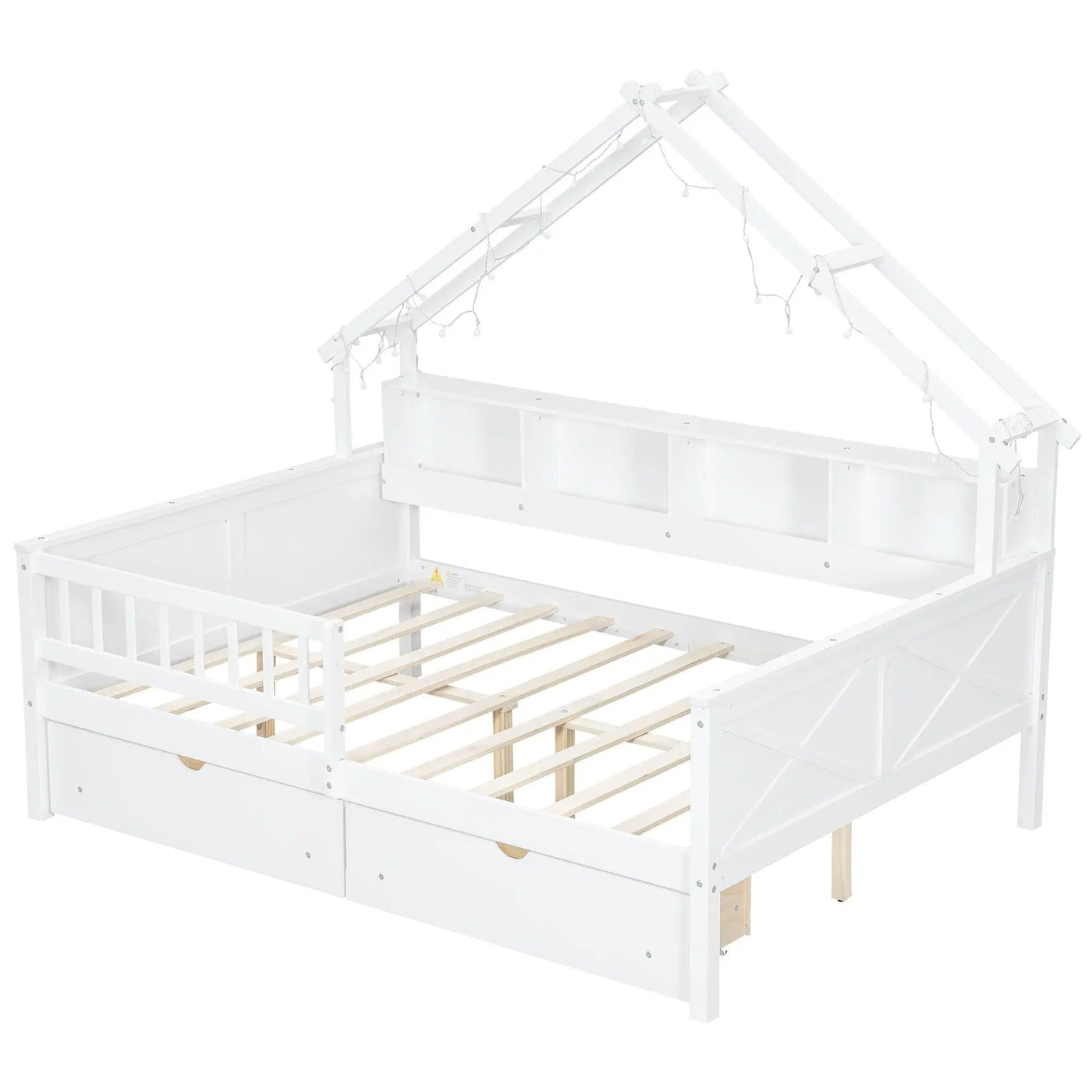 House Style Platform Bed With LED Lights, Storage Shelves, Drawers, And Guardrail by HouseOfZazla