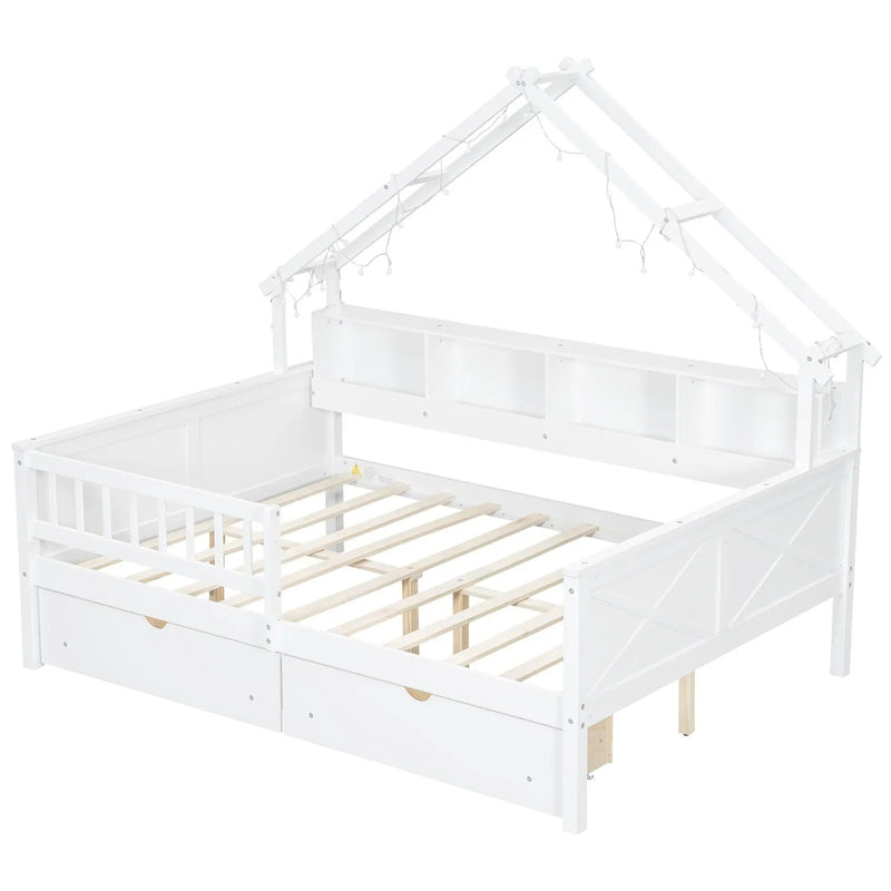 House Style Platform Bed With LED Lights, Storage Shelves, Drawers, And Guardrail by HouseOfZazla