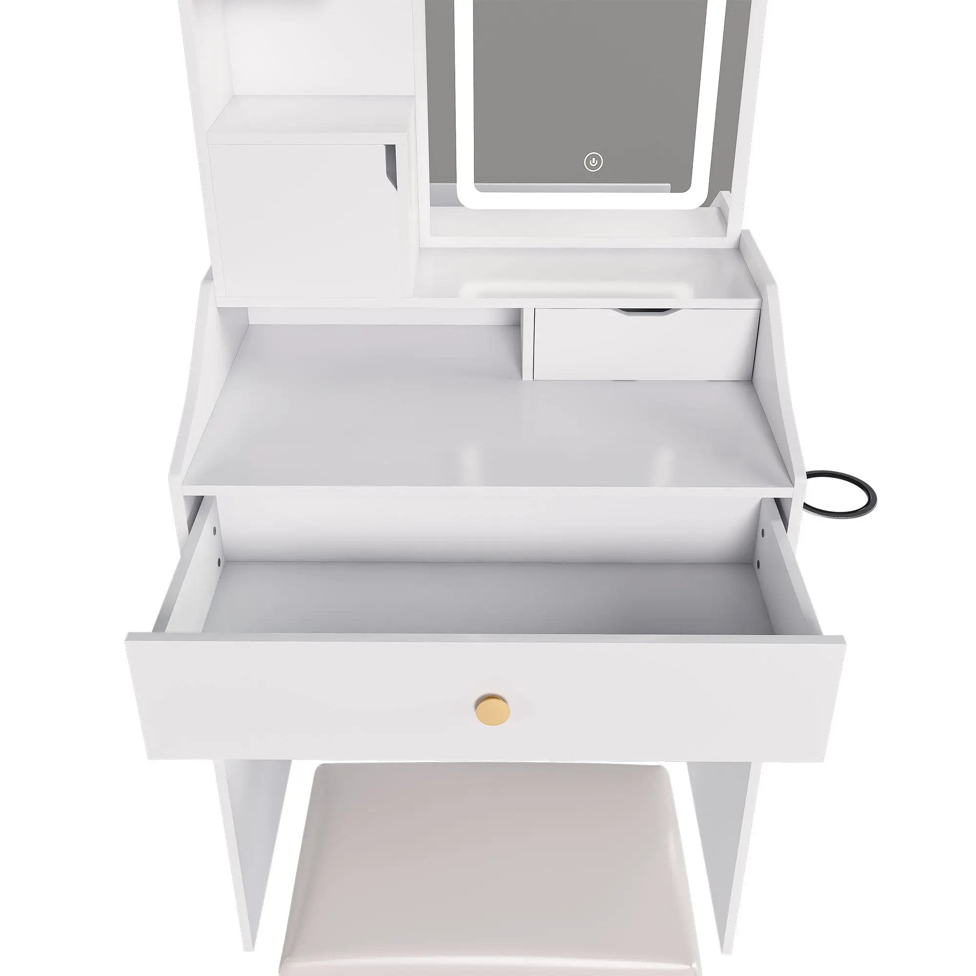 3 Color LED Vanity Mirror With Stool, Dressing Table For Bedroom, 2 Drawers & 5 Storage Cabinets (4 Open + 1 Hidden), Adjustable Lighting - White by HouseOfZazla