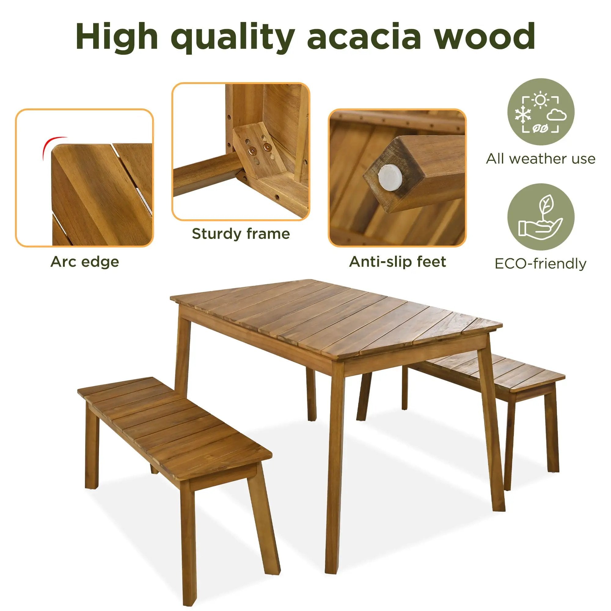 3 Pieces Acacia Wood Table Bench Dining Set For Outdoor & Indoor Furniture With 2 Benches, Picnic Beer Table For Patio, Porch, Garden, Poolside - Natural by Unique Piece Furniture