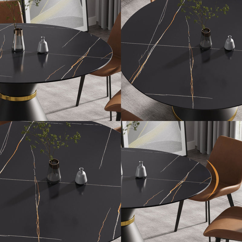 59.05" Modern Artificial Stone Round Black Carbon Steel Base Dining Table, Can Accommodate 6 People - Black by HouseOfZazla