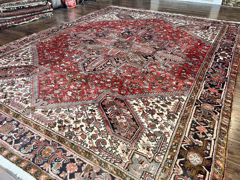 Large Persian Heriz Rug 10x13, Wool Hand Knotted Antique Carpet, Red and Ivory, Geometric Tribal Room Sized Rug, Decorative Oriental Rug by Jewel Rugs