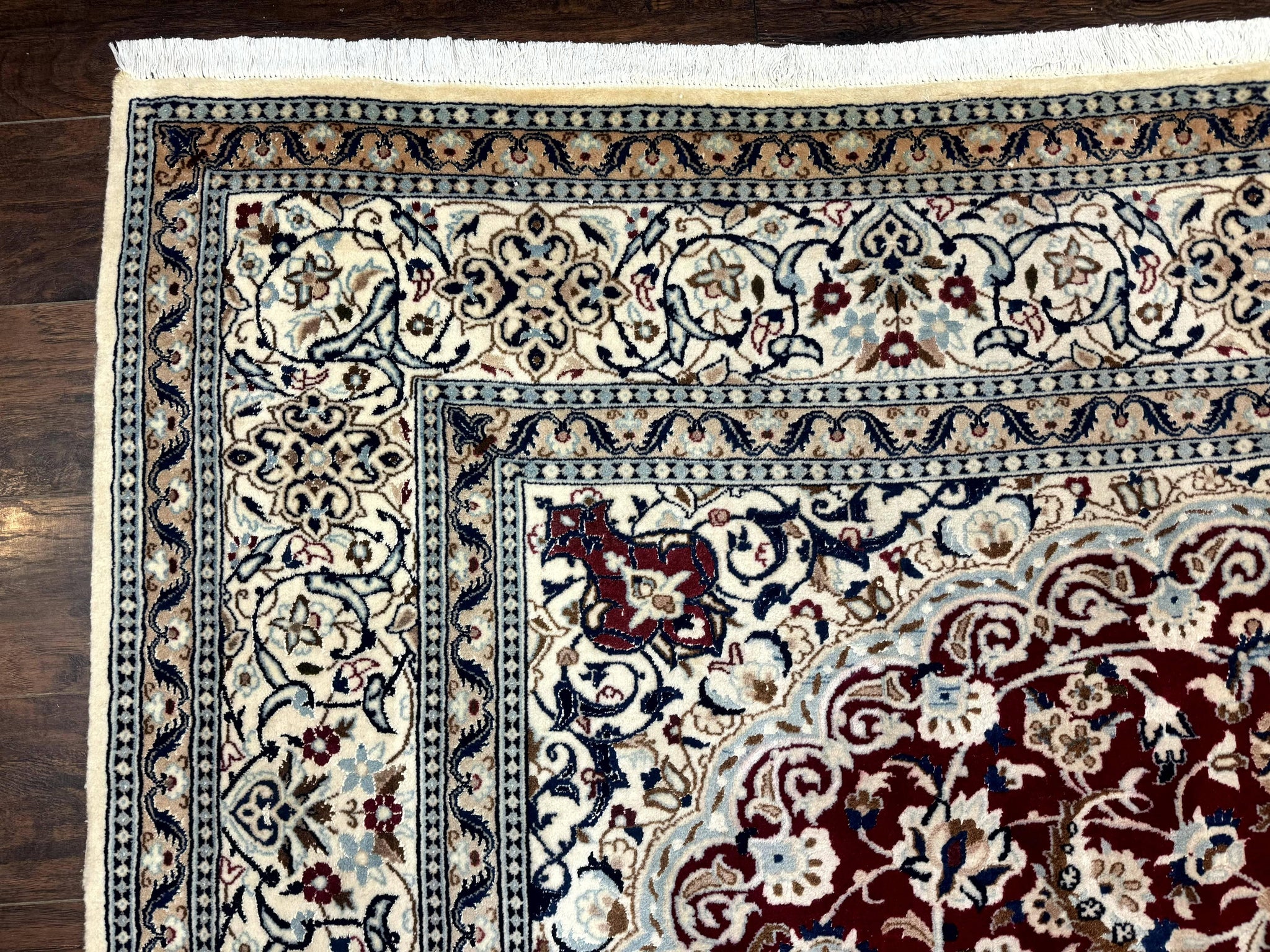 Persian Nain Rug 8x11, Wool and Silk Highlights, Burgundy & Ivory by Jewel Rugs