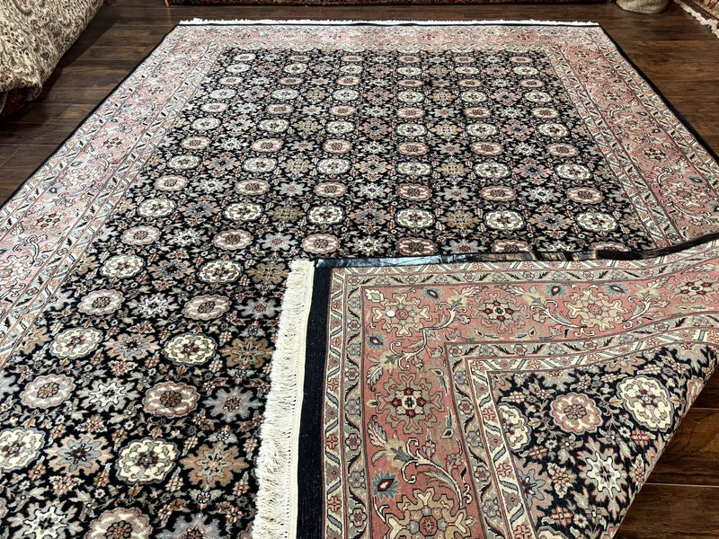 Indo Persian Rug 9x12, Vintage Handmade Wool Carpet, Repeated Allover Motif, Navy Blue and Pink by Jewel Rugs