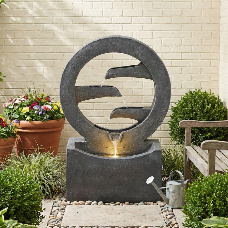 26.77'H Gray Circular Polyresin Outdoor Water Fountain with LED Light by HouseOfZazla