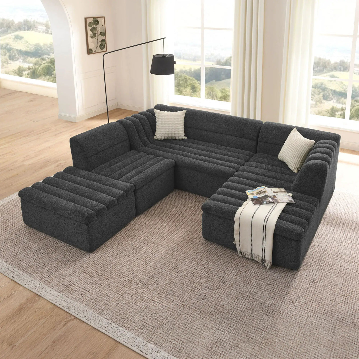 U-Shaped Modular Sectional Sofa With Chaise And Movable Ottoman With Wave-Shaped Armrest by Unique Piece Furniture