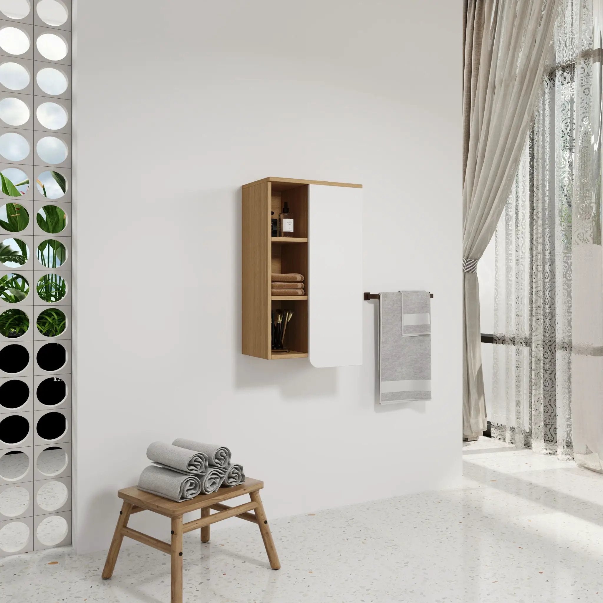 Wall Mounted Bathroom Side Cabinet, Single Door With 3 Tier Open Shelves - Black / Light Oak / White by HouseOfZazla