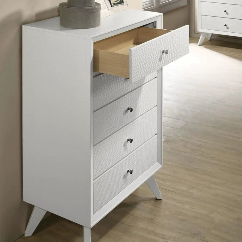 1 Piece Chest With Angled Legs, Wave Texture, Round Knobs - White by Unique Piece Furniture