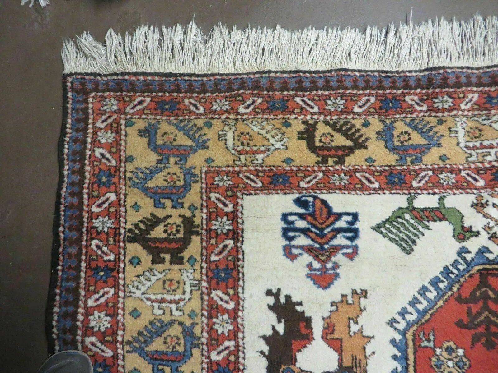 7' X 10' Vintage Handmade Knotted Turkish Wool Rug Birds Animal Ivory Organic by Jewel Rugs