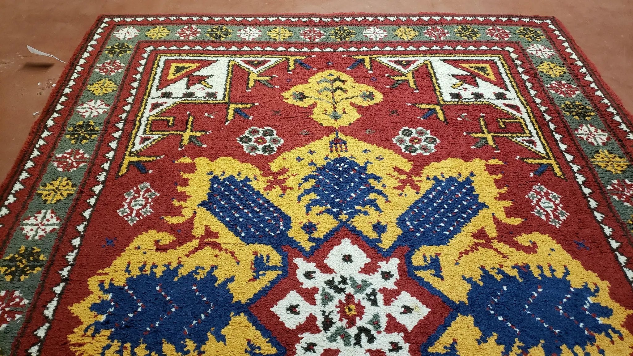 Colorful Moroccan Heriz Rug 6x9, Large Central Medallion, Red Yellow Blue by Jewel Rugs