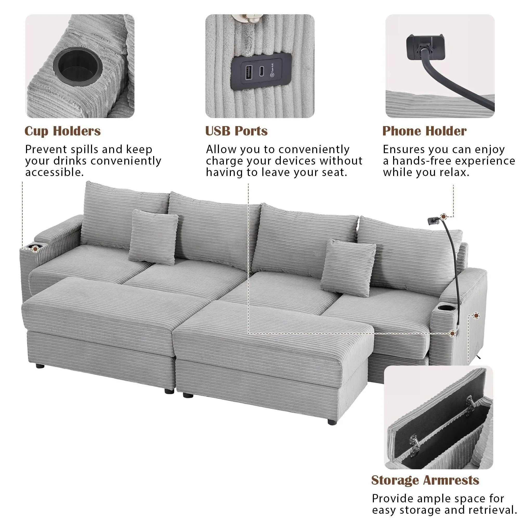 Modern Style Loveseat Sofa Sectional Sofa Couch With Storage Space, A Movable Ottoman, Two USB Ports, Two Cup Holders, A Phone Holder For Living Room by HouseOfZazla
