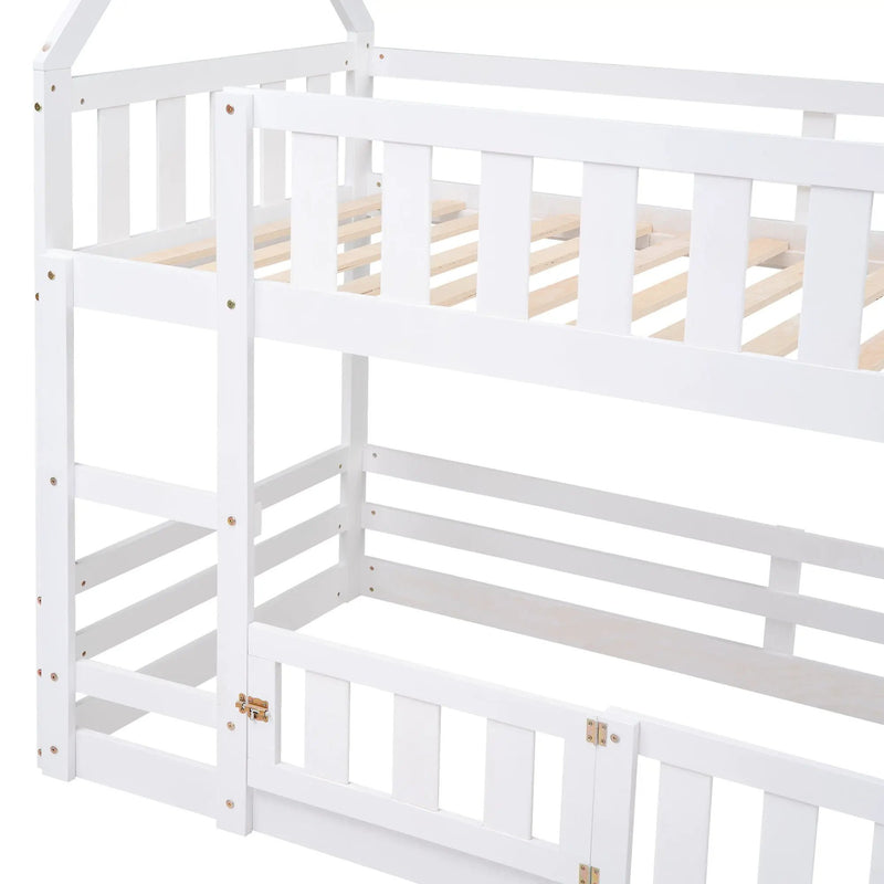 Twin Over Twin House Bunk Bed With Fence And Door by HouseOfZazla