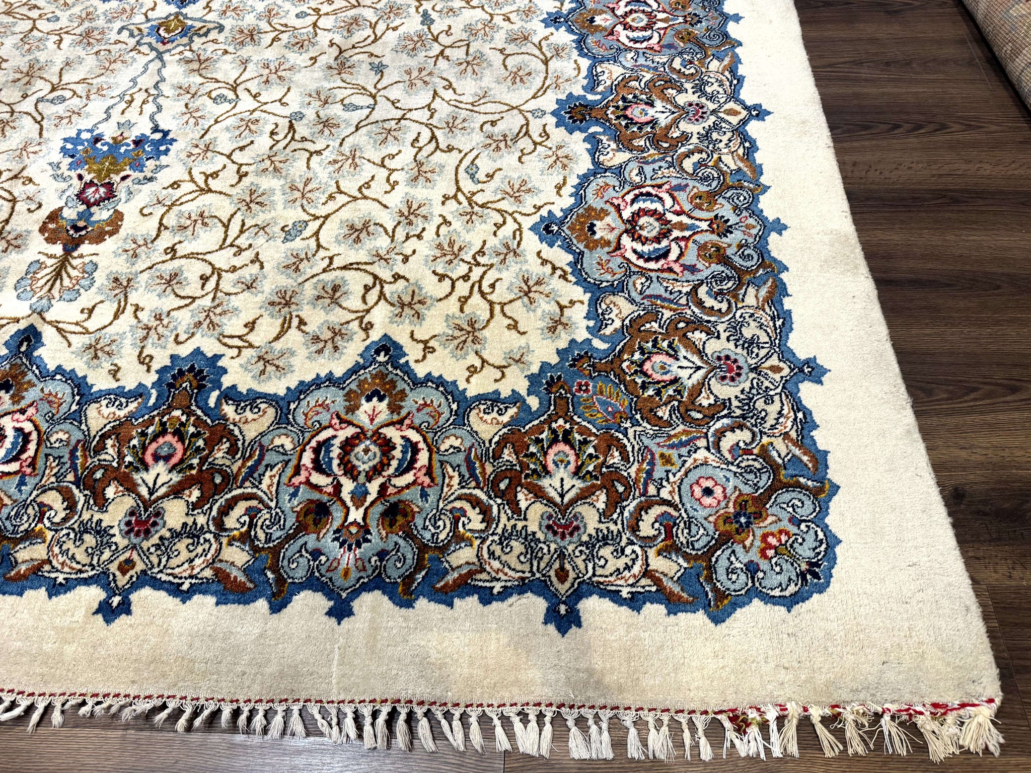 Persian Kashan Rug 9 x 12.6, Ivory and Blue, Floral Medallion, Wool Hand Knotted Semi Antique Carpet by Jewel Rugs