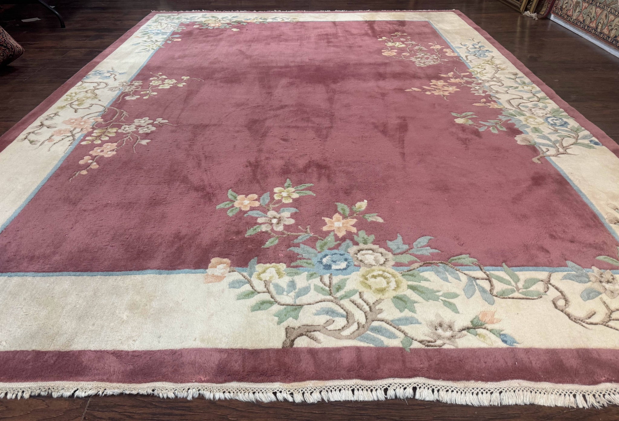 Indo Chinese Art Deco Rug 9x12, Pink and Ivory, Open Filed, Floral, Wool by Jewel Rugs