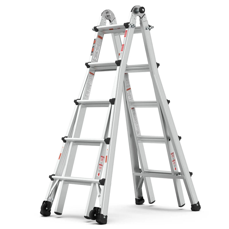 22' Aluminum Multi-Position Ladder With Wheels, 300 Lbs Weight Rating - Metallic Gray by HouseOfZazla