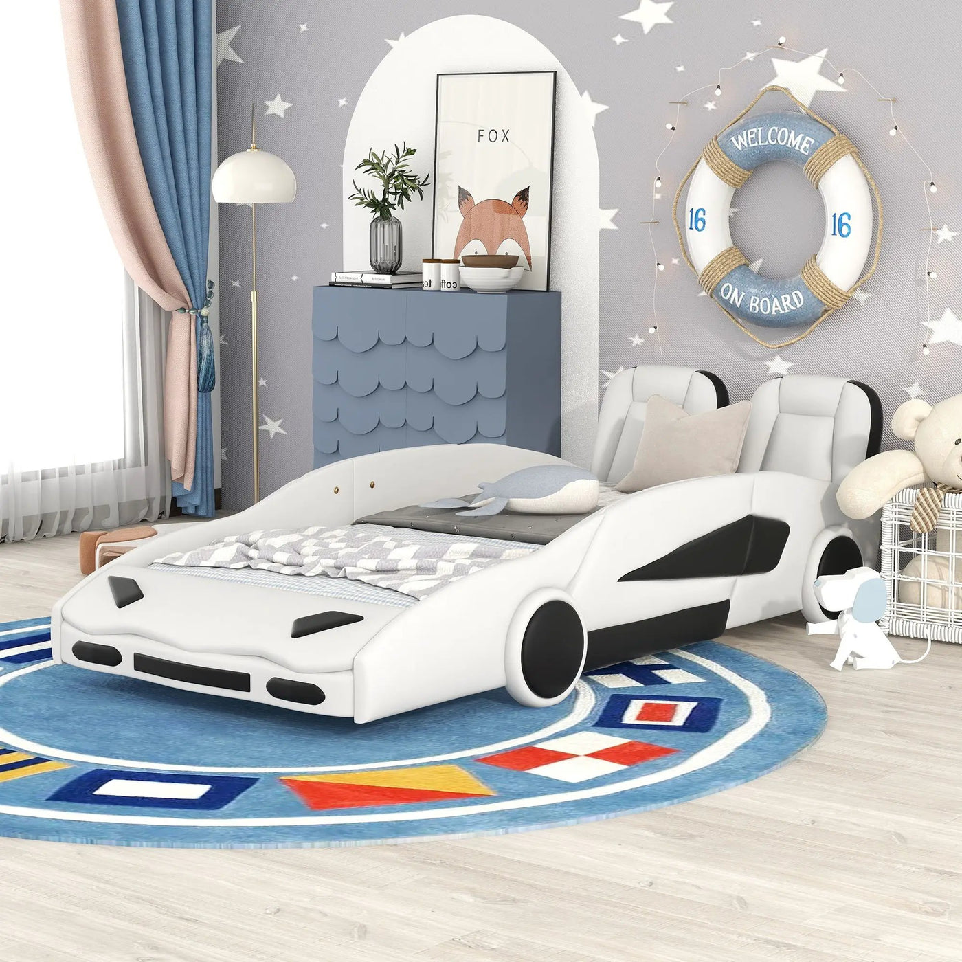 Race Car Shaped Twin Platform Bed With Wheels, Pine Wood Construction by HouseOfZazla