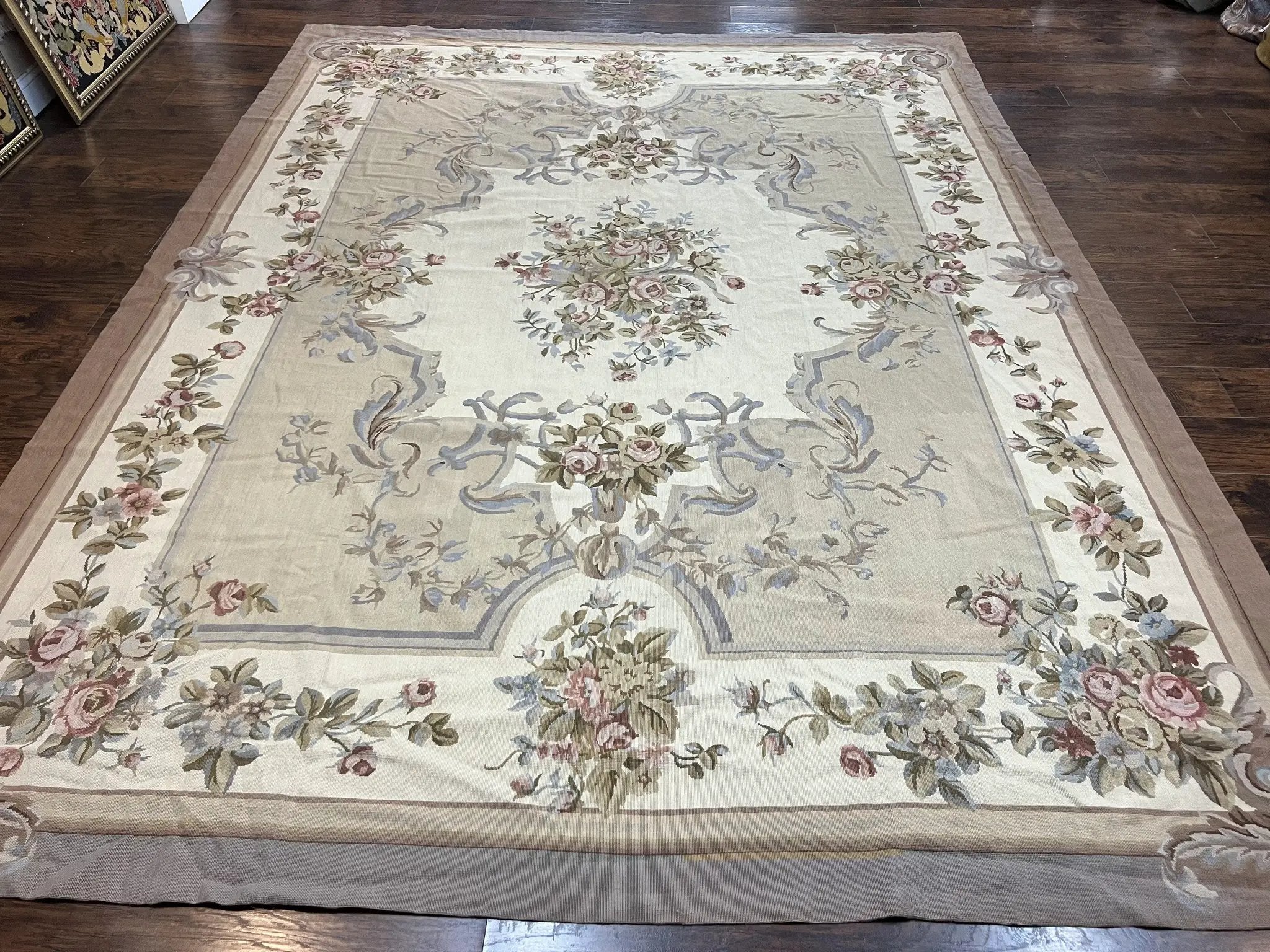 Aubusson Needlepoint Rug 9x12, VIntage Handmade Wool Beige Floral European Elegant Rug 9 x 12, Floral Roses by Jewel Rugs