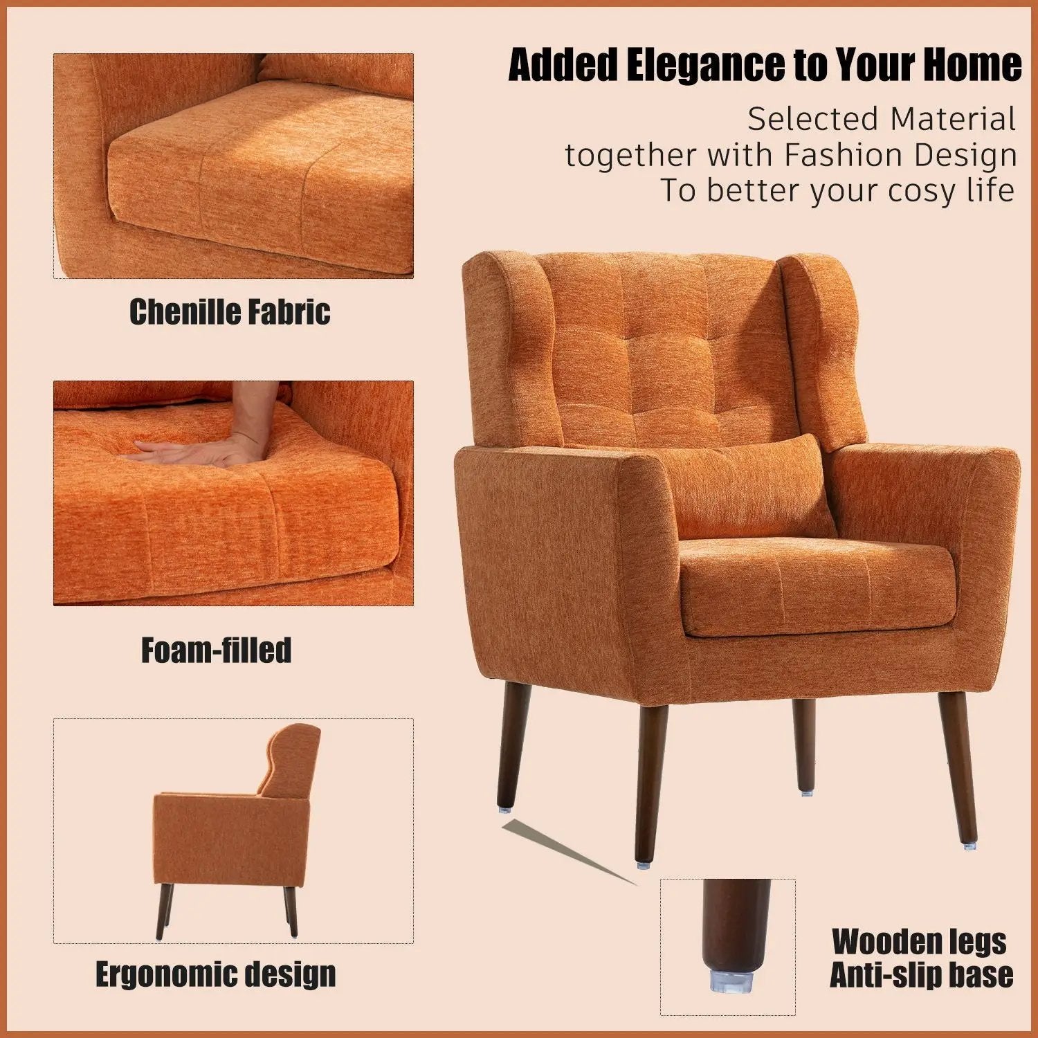 Modern Accent Chair, Arm Chairs For Living Room, Upholstered Mordern Armchair, Comfy Soft Padded Lounge Chair In Small Space, Bedroom, With Pillow, Solid Wood Leg by HouseOfZazla