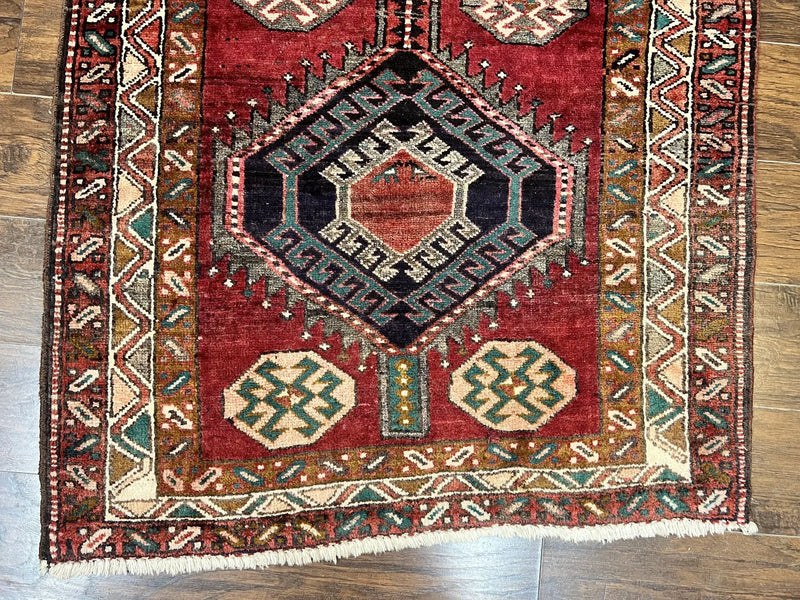 Persian Heriz Runner Rug 3.8 x 8.6, Geometric Design, Large Triple Medallions, Hand Knotted Handmade Vintage Wool Hallway Rug, Red by Jewel Rugs