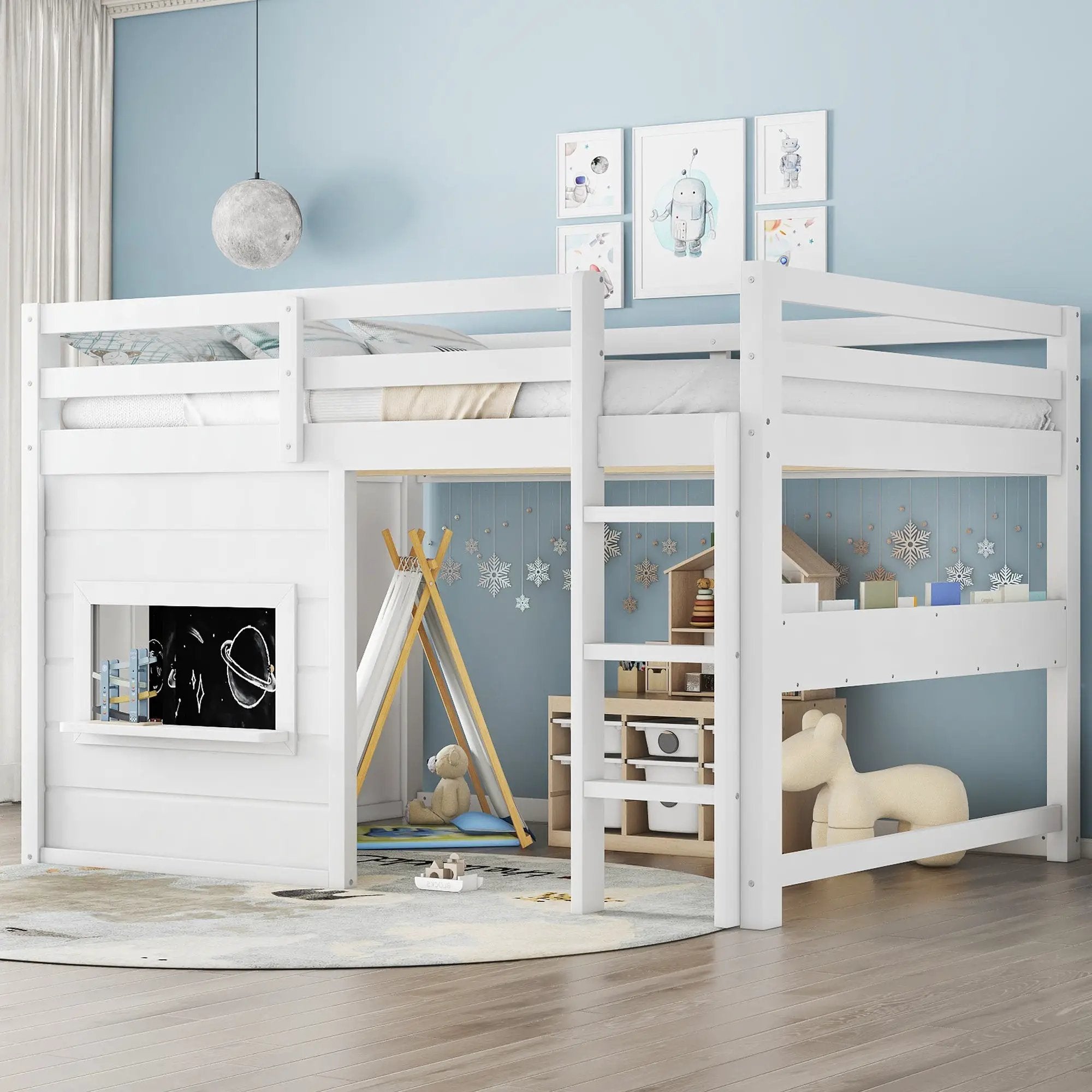 Full Size Loft Bed With Sliding Chalkboard & Bookshelf by HouseOfZazla