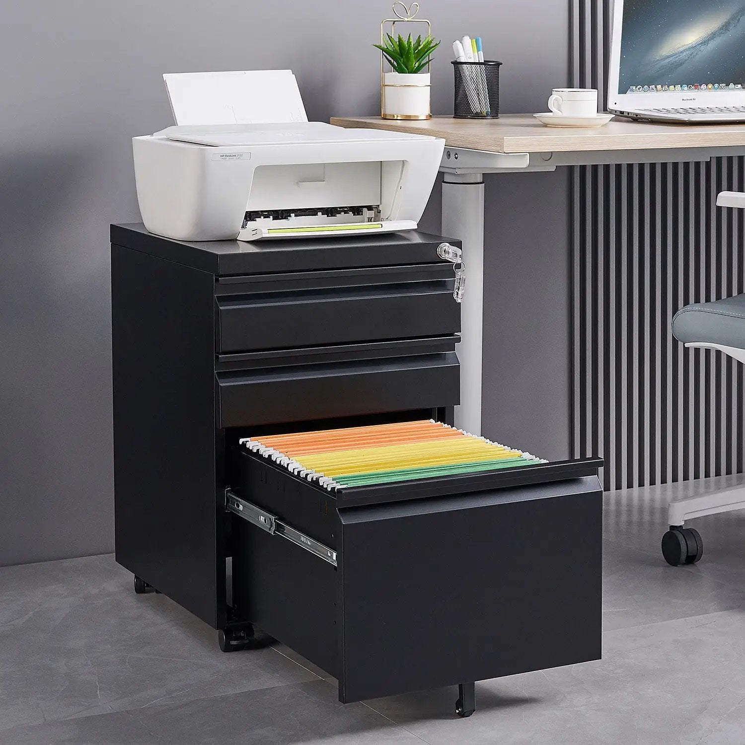 Contemporary 3 Drawer Mobile Filing Cabinet With Lock, Metal Office Storage For Legal / Letter Size by Unique Piece Furniture