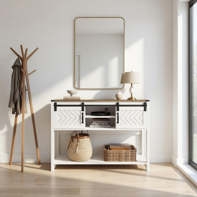 Entryway Table With Sliding Barn Door Storage - White / Oak by HouseOfZazla