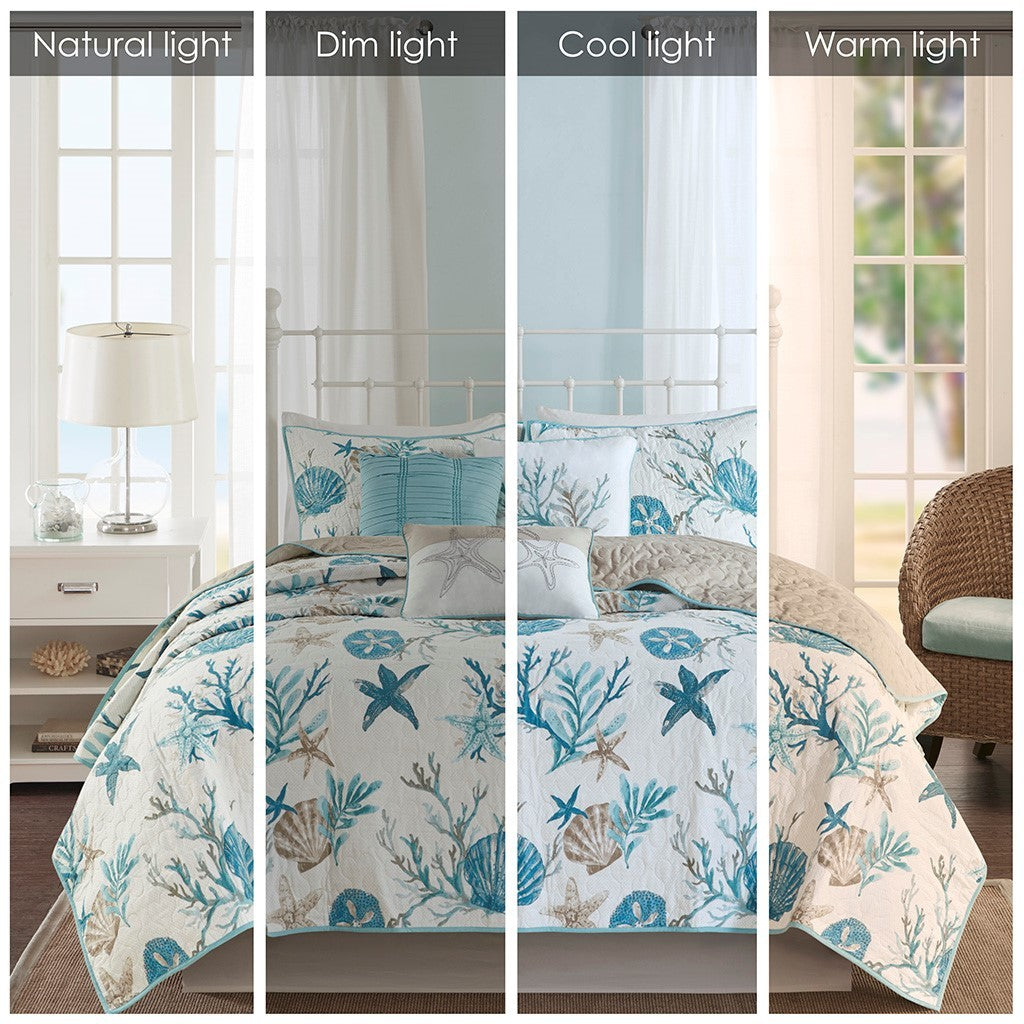 6 Piece Cotton Sateen Quilt Set with Throw Pillows Aqua Full/Queen by HouseOfZazla
