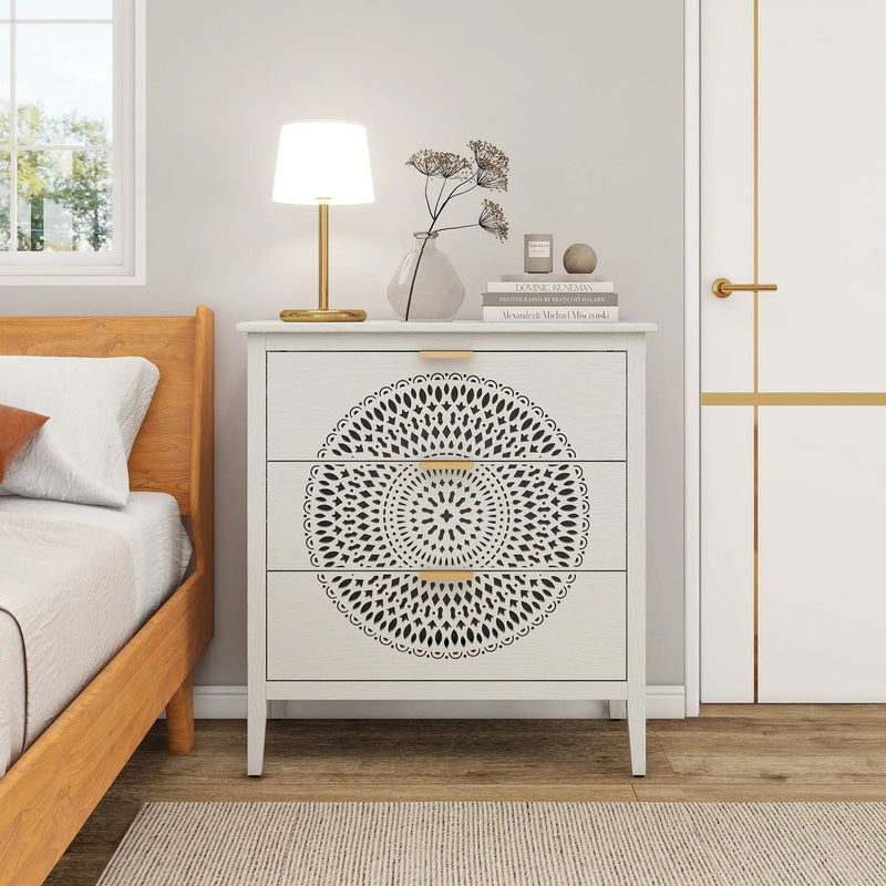 3 Drawer Cabinet With Hollow Carved 3 Drawer Dresser Storage Chest With Metal Handles For Entryway Living Room Bedroom - Beige by HouseOfZazla