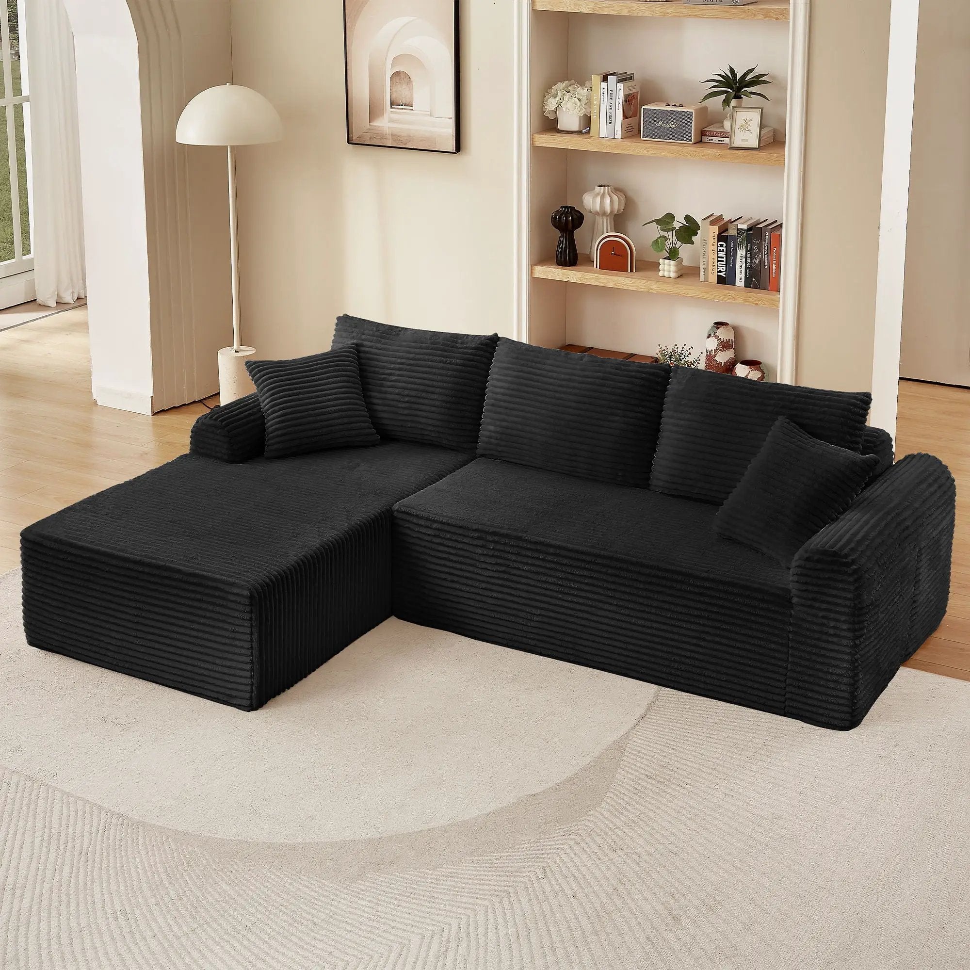 Modular Sectional With Arched Armrests, Includes 3 Back Cushions & 2 Throw Pillows by HouseOfZazla