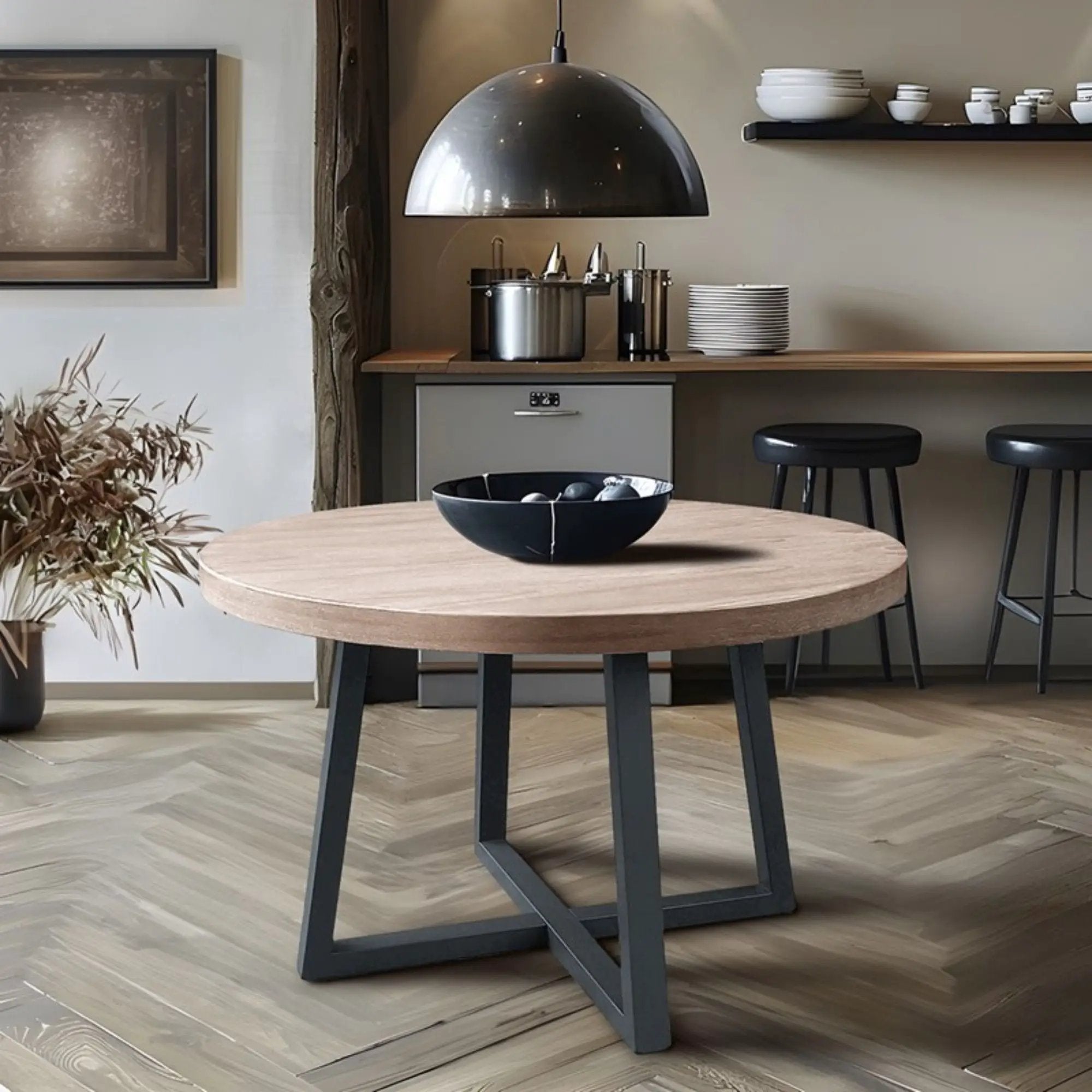 Round Dining Table With Wire Brushed Mindi Top And Mahogany Base - Wheat by Unique Piece Furniture