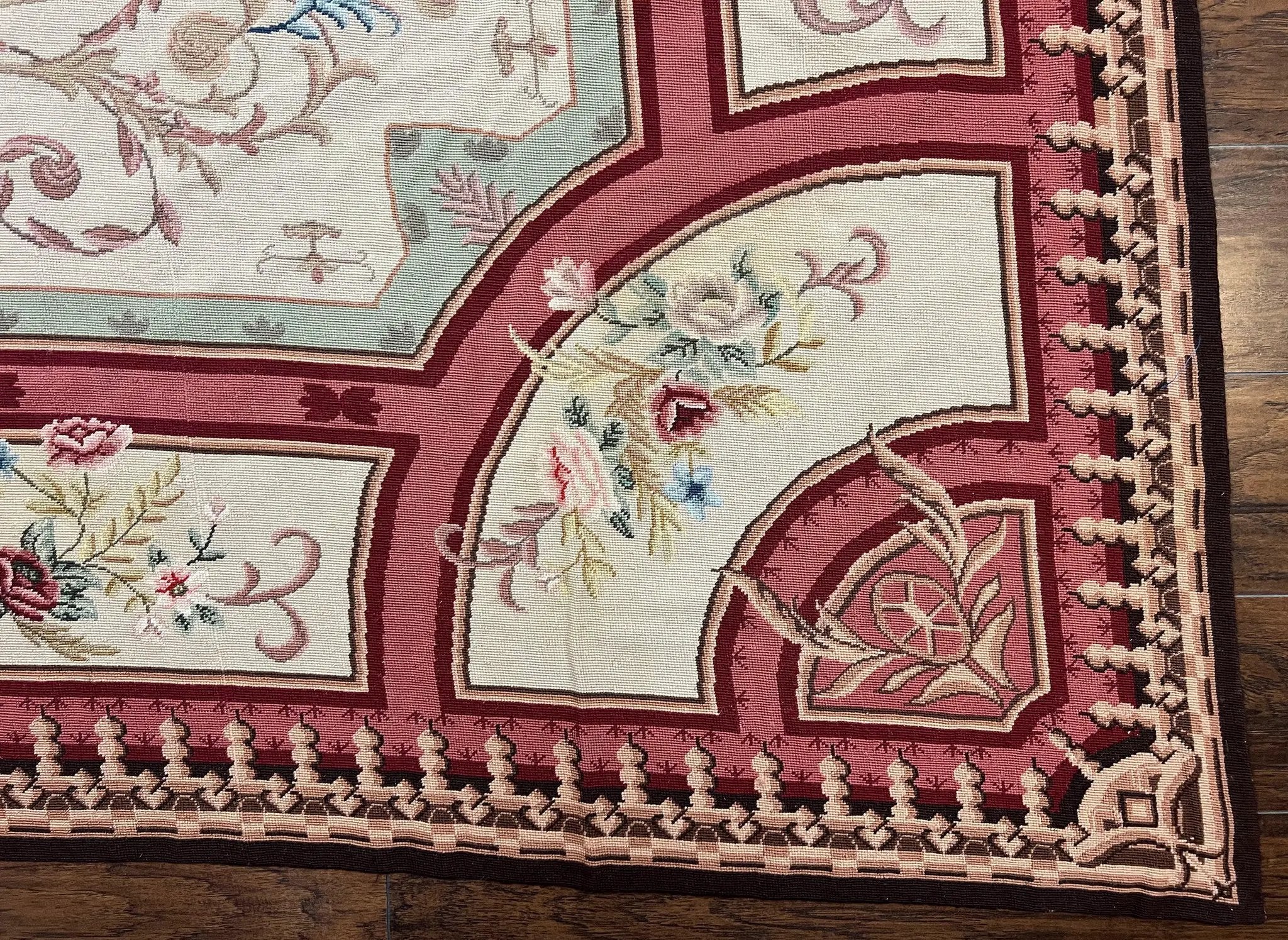 Needlepoint Rug 7.9 x 9, Beige Maroon Rose, Handmade Handwoven Flatweave Aubusson Savonnerie French European Elegant Carpet, Wool Rug by Jewel Rugs