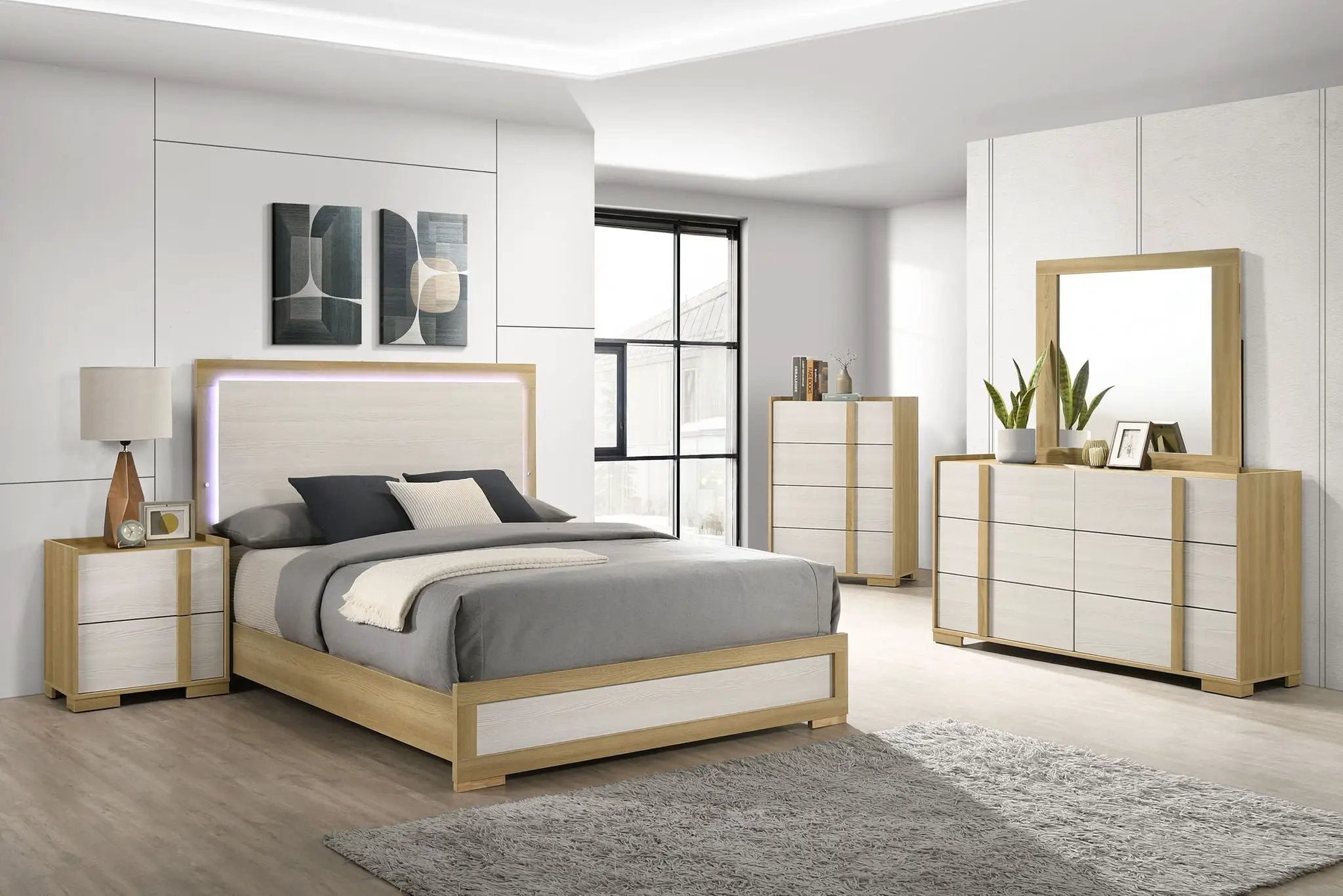 Hyland Wood Queen LED Panel Bed Natural and White by Unique Piece Furniture