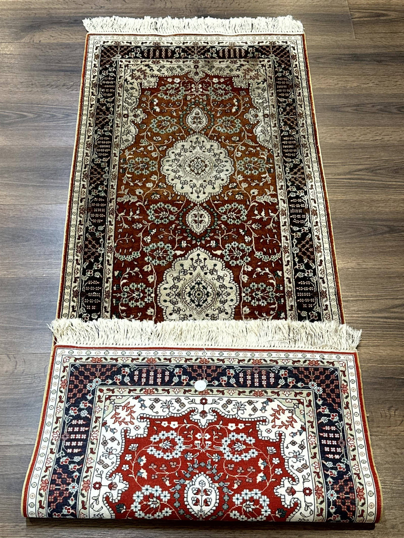 Turkish Silk Narrow Runner Rug 2 x 5.8, Very Fine 340 KPSI, Floral Medallions, Red by Jewel Rugs