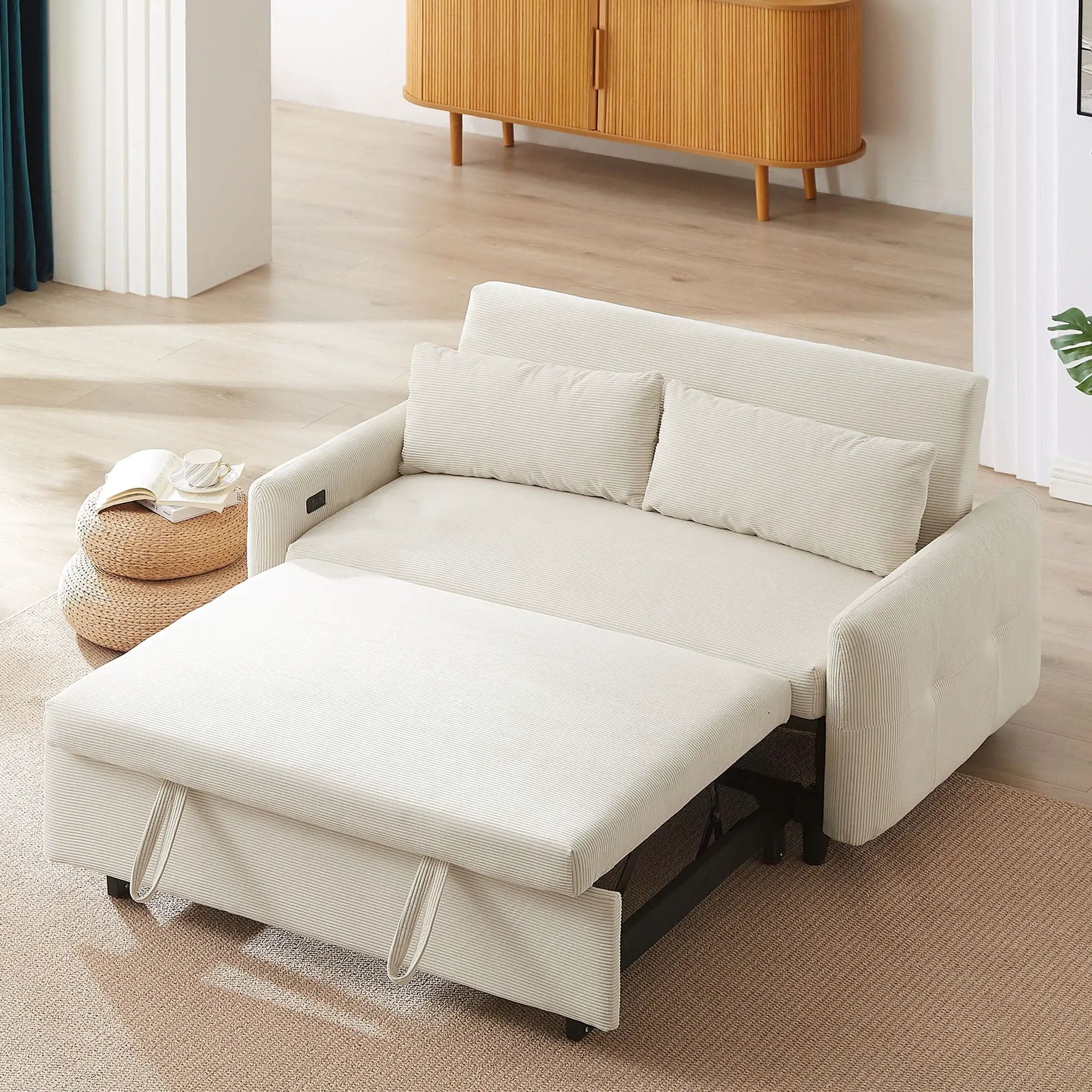 Pull-Out 2 Seat Modern Sleeper Sofa With 2 Throw Pillows And USB Ports by HouseOfZazla