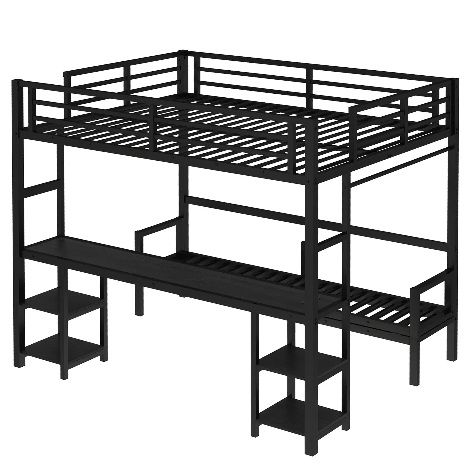 Queen Over Twin XL Metal Bunk Bed with Desk and Shelves by HouseOfZazla