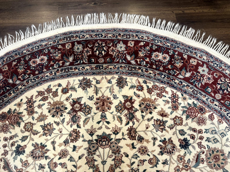 Round Sino Persian Rug 8x8, Wool and Silk, Floral Medallion, Ivory Dark Red by Jewel Rugs