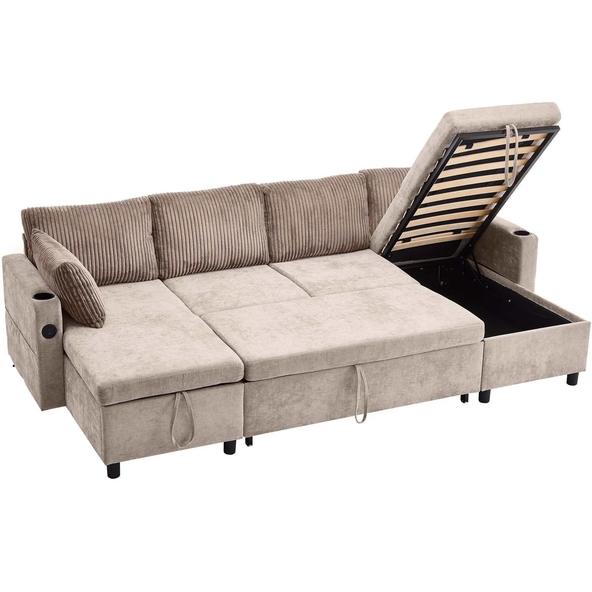 Sectional Sofa Bed With Pull Out Sleeper, USB Ports, Cup Holders by HouseOfZazla
