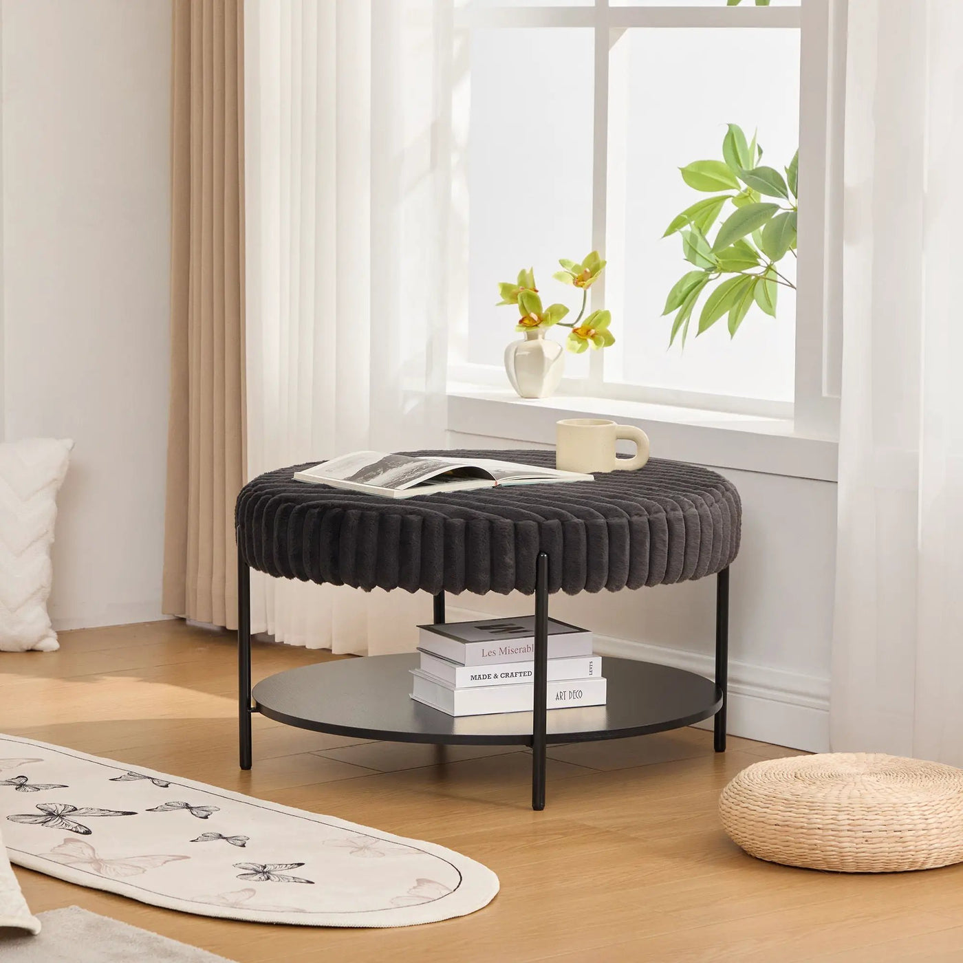 Modern Upholstered Round Ottoman Coffee Table With Storage Shelf by HouseOfZazla