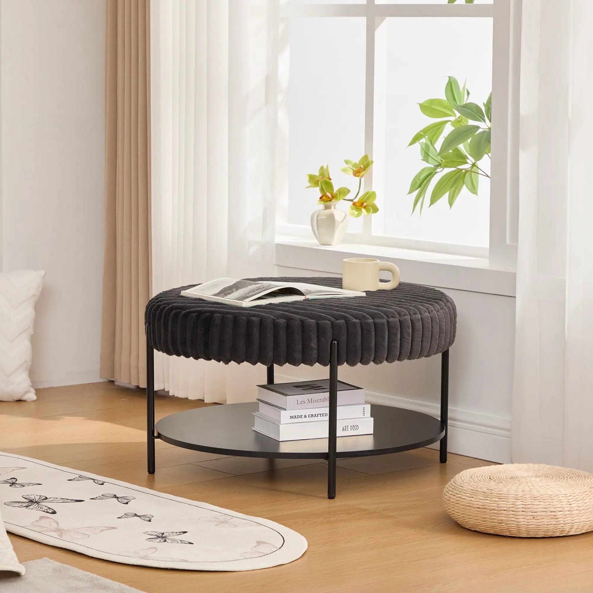 Modern Upholstered Round Ottoman Coffee Table With Storage Shelf by Unique Piece Furniture