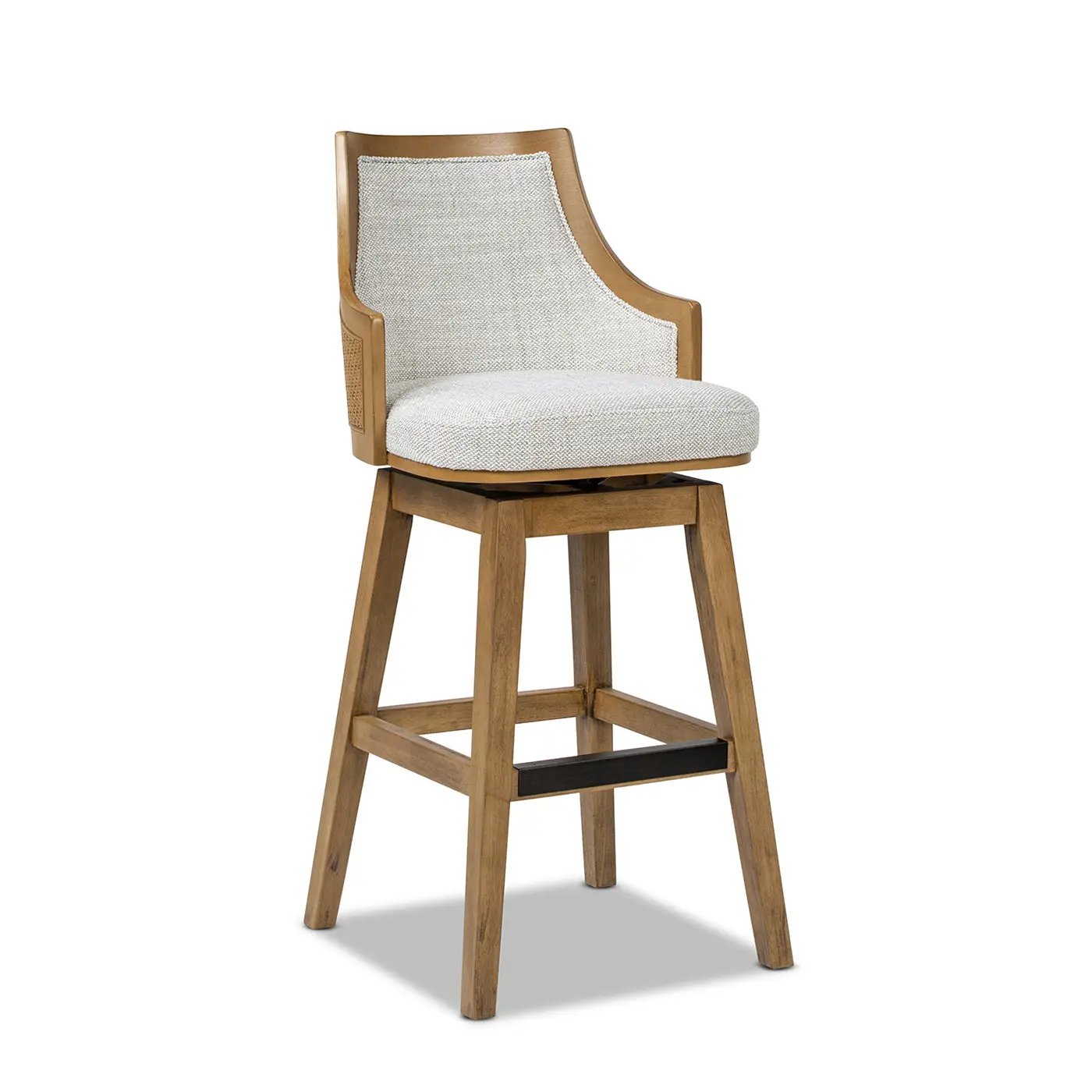 Bahama 30' Cane Rattan High-Back Swivel Bar Stool with Recessed Arms, Two-Tone Neutral Gray Polyester Wool Blend by HouseOfZazla