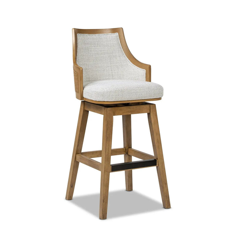 Bahama 30' Cane Rattan High-Back Swivel Bar Stool with Recessed Arms, Two-Tone Neutral Gray Polyester Wool Blend by HouseOfZazla
