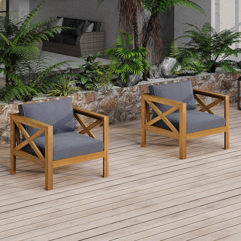 Outdoor Acacia Wood Club Wooden Armchair with Cushions (Set of 4) by HouseOfZazla
