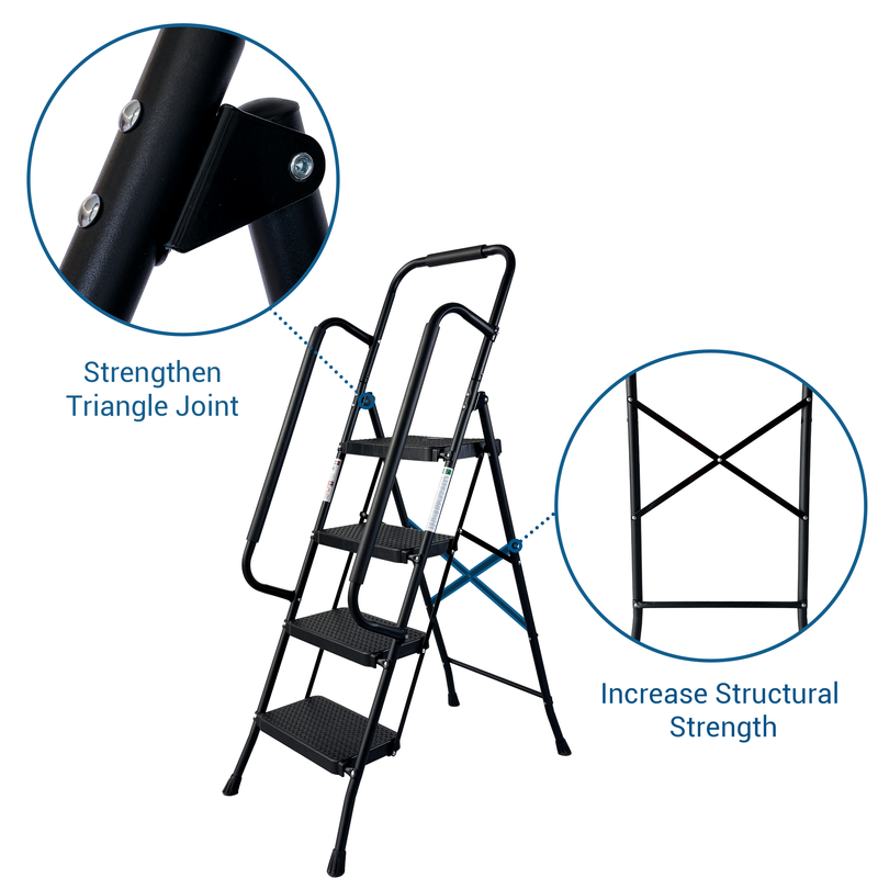 4 Step Folding Steel Ladder with Anti-Slip Pedals and Handrail by HouseOfZazla