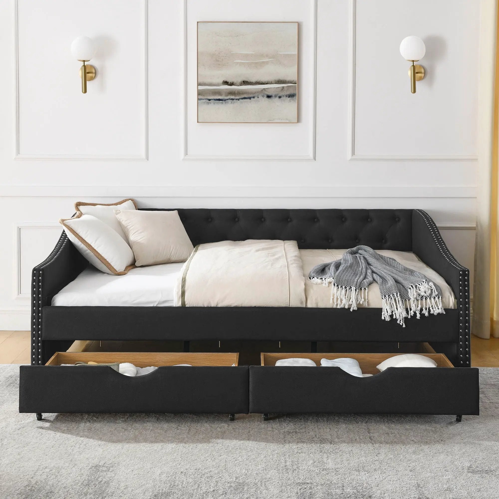 Upholstered Tufted Daybed With 2 Drawers, Waved Arms by Unique Piece Furniture