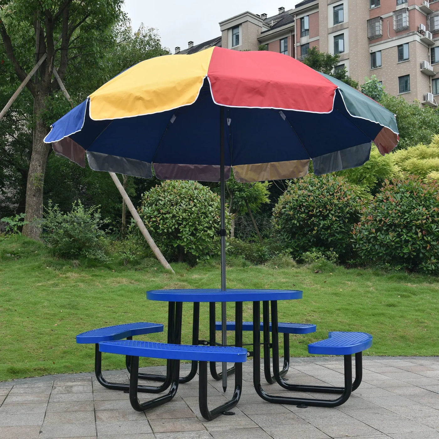 Round Outdoor Steel Picnic Table With Umbrella Pole by Unique Piece Furniture